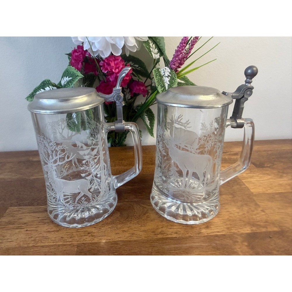 Vintage Etched Deer Beer Stein Set Pewter Lid Rustic Cabin Bar West Germany Alwe